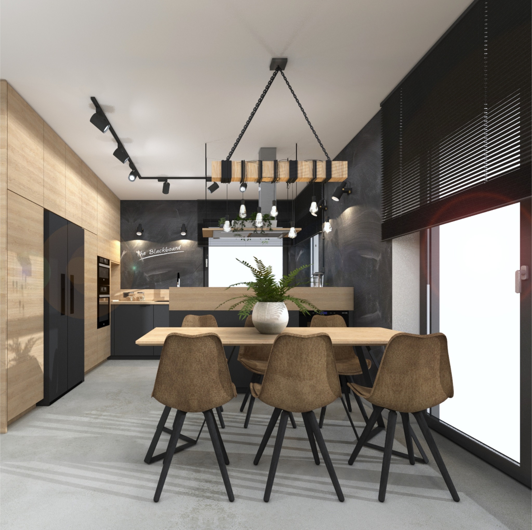 Wizualizacja nowoczesnej kuchni z drewnianymi szafkami, czarną ścianą z napisem 'The Blackboard', stołem z brązowymi krzesłami i oryginalną lampą z drewnianych belek.