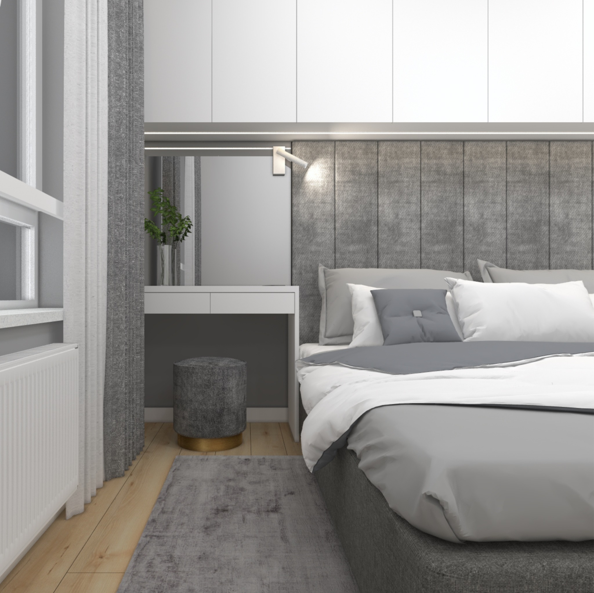 Neutralna sypialnia w odcieniach szarości i bieli z tapicerowanym wezgłowiem, toaletką i pufem, oświetlona lampą ścienną