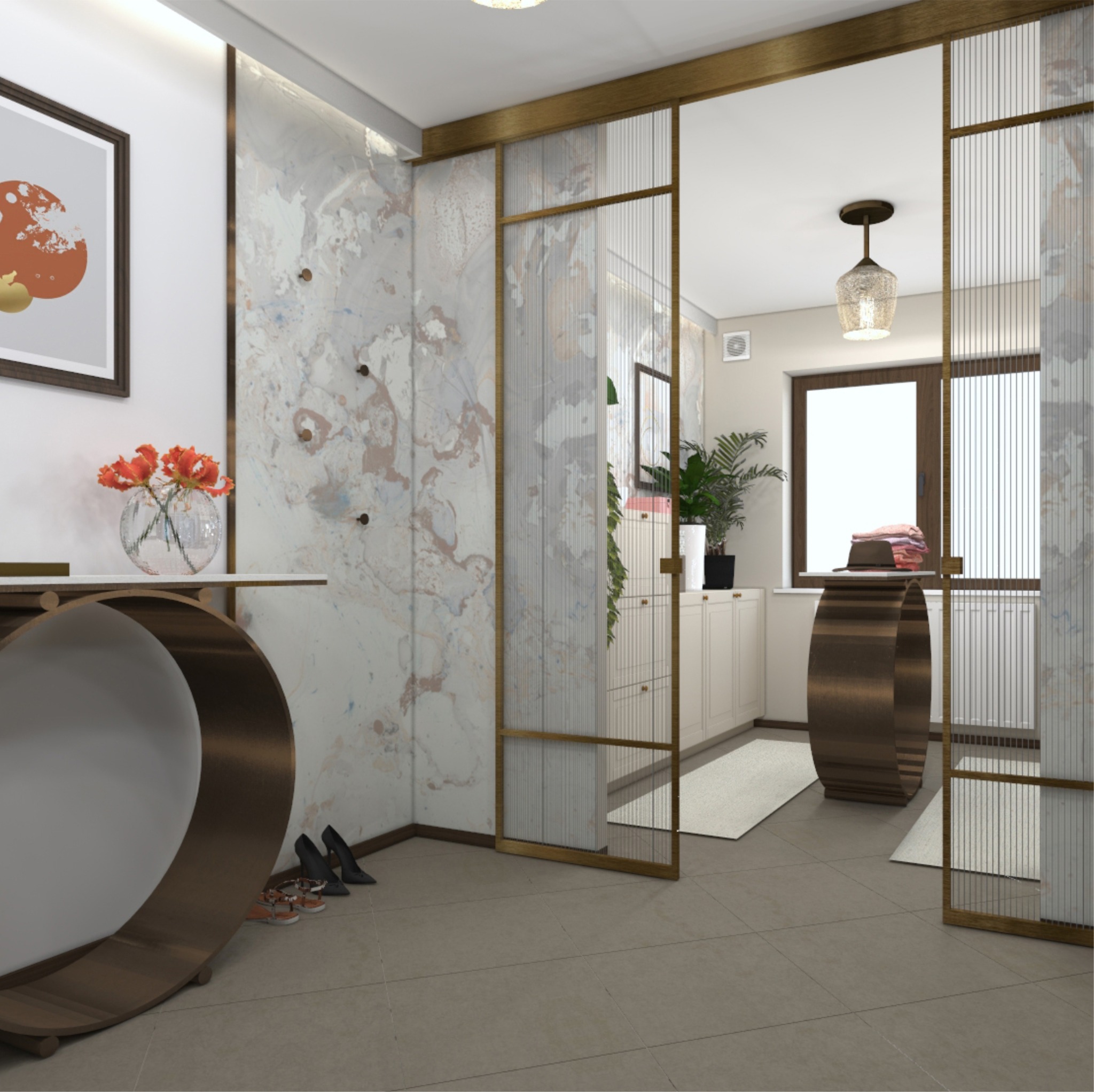 Nowoczesne wnętrze przedpokoju z marmurową ścianą, dekoracyjnym stolikiem z kwiatami i ażurowymi drzwiami przesuwnymi z metalowymi ramami.