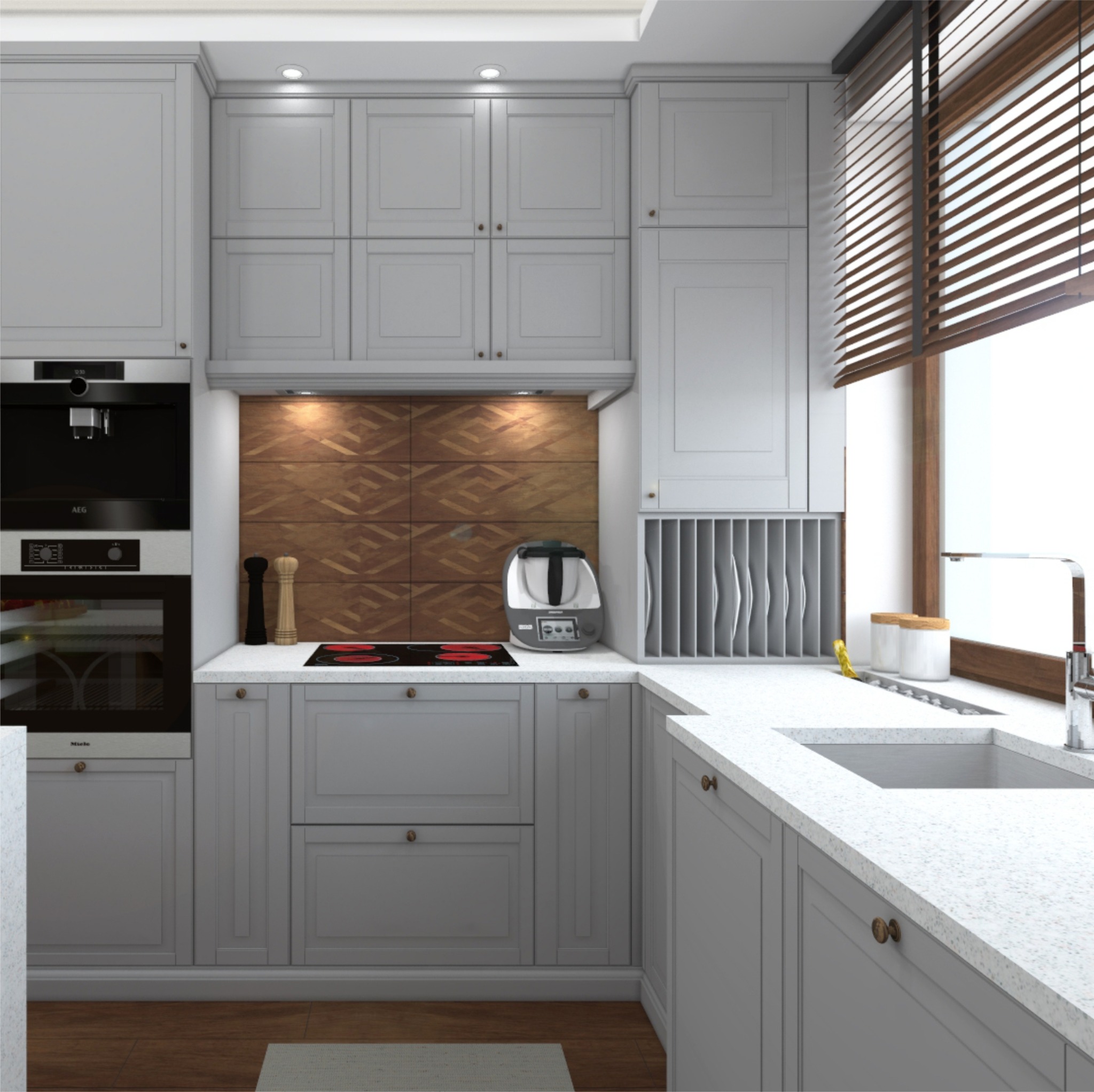 Szara kuchnia z drewnianymi akcentami, zabudowa kuchenna z urządzeniami AEG i Miele, drewniane żaluzje w oknie, mozaika z drewna nad płytą indukcyjną.