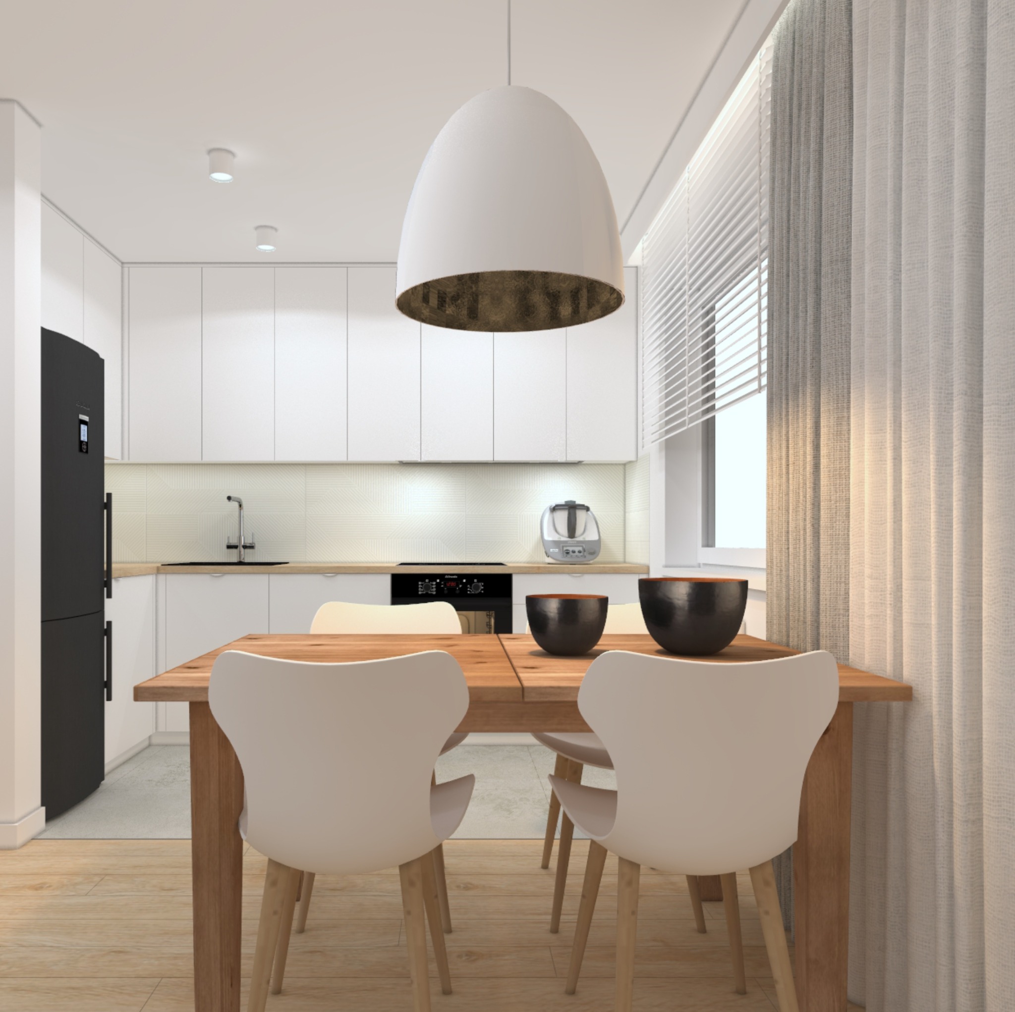 Wizualizacja jasnej kuchni z białymi szafkami, drewnianym blatem i stołem z krzesłami, oświetlona dużą lampą wiszącą z elementami w kolorze złota.