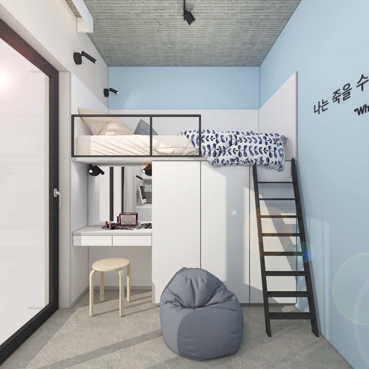 Wizualizacja pokoju młodzieżowego z łóżkiem na antresoli, biurkiem, toaletką i szarą pufą, utrzymana w biało-niebieskiej kolorystyce z betonowym sufitem.