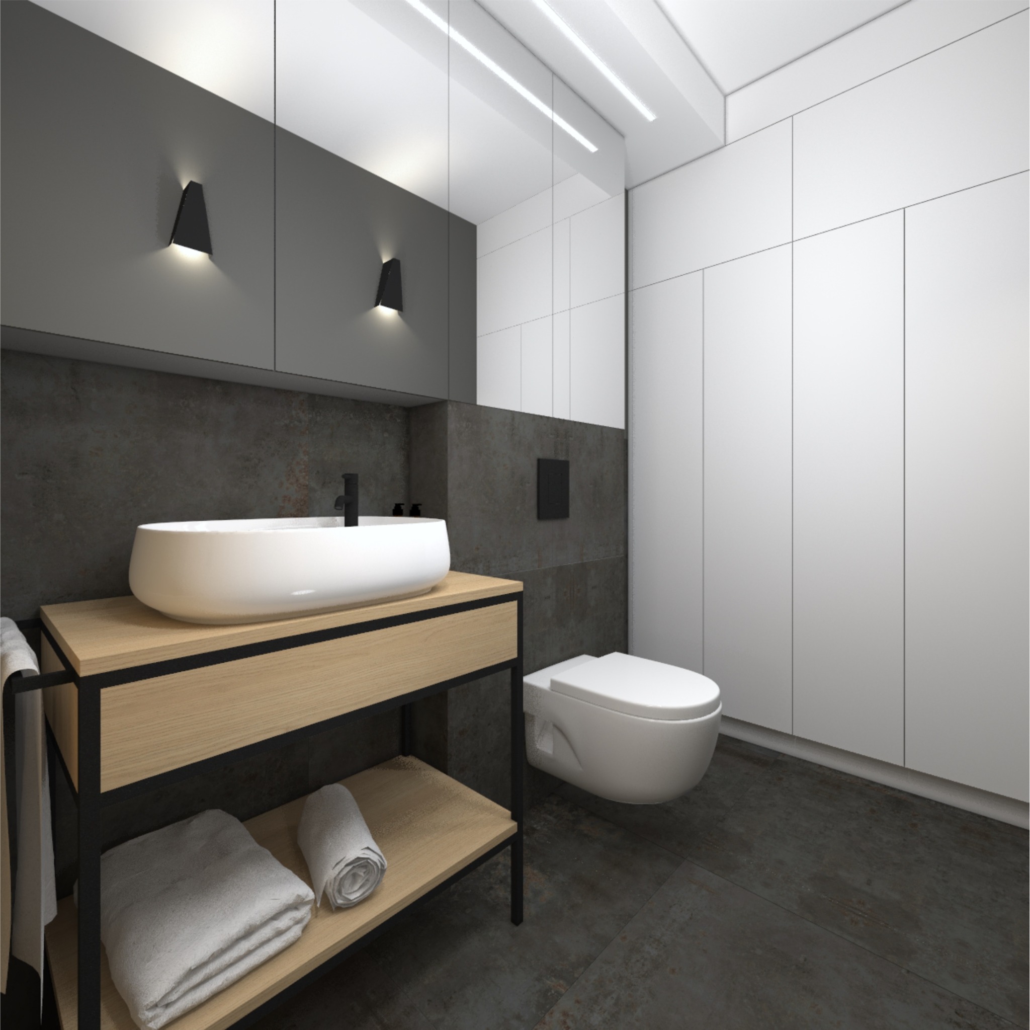 Nowoczesna łazienka z umywalką nablatową na drewnianym stelażu, ciemną ścianą z dwoma czarnymi kinkietami i wiszącą toaletą.