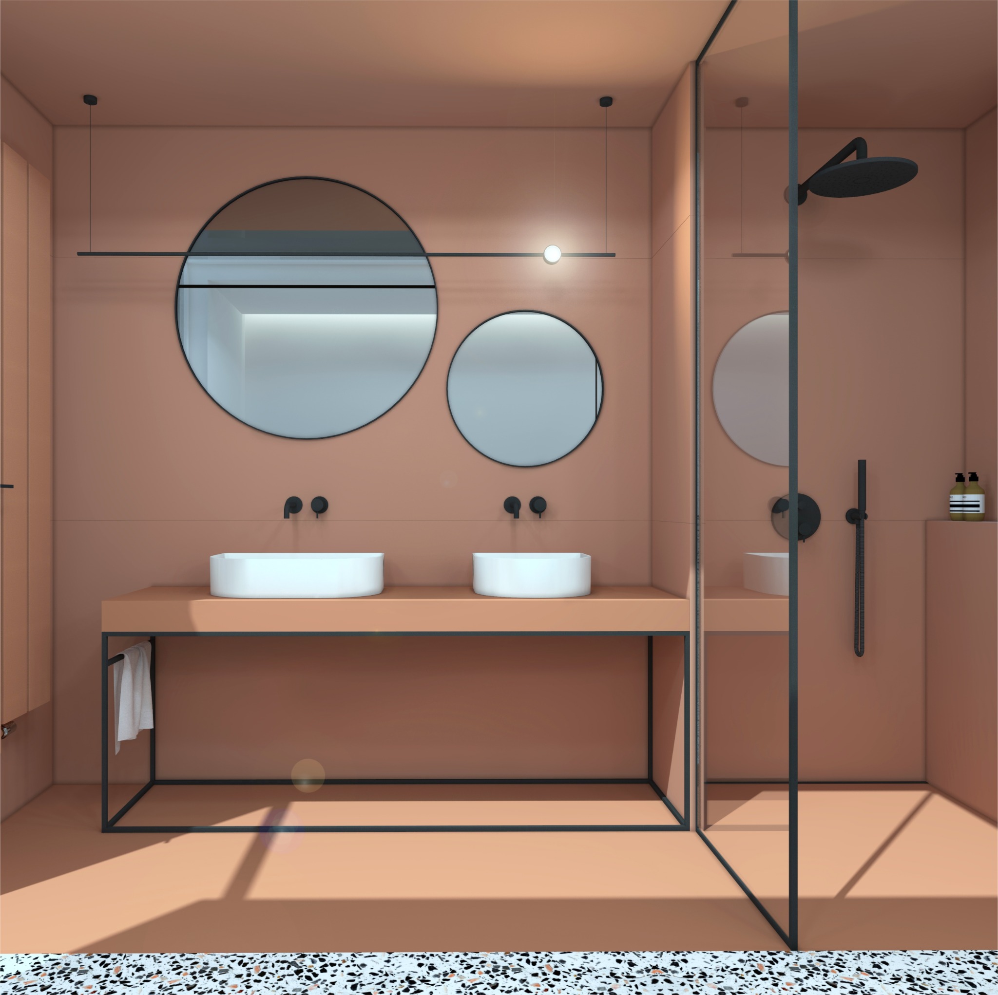 Wizualizacja łazienki w odcieniach brzoskwini z dwoma okrągłymi lustrami, białymi umywalkami nablatowymi na metalowym stelażu, kabiną prysznicową ze szklaną ścianą i terazzo na podłodze.