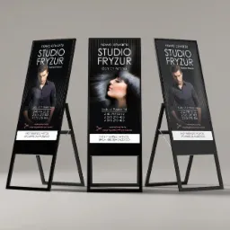 Trzy czarne, stojące plakaty reklamowe z informacją o nowo otwartym studio fryzur 'Studio Fryzur Damian Patorski', z różnymi zdjęciami modeli i modelek, numerami telefonów i adresem, na jasnoszarym...