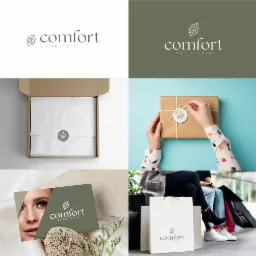 Kompozycja czterech ujęć prezentujących identyfikację wizualną marki: logo na białym i oliwkowym tle, zapakowany produkt w pudełku z naklejką z logo, wizytówka z logo obok kamienia i kwiatów...