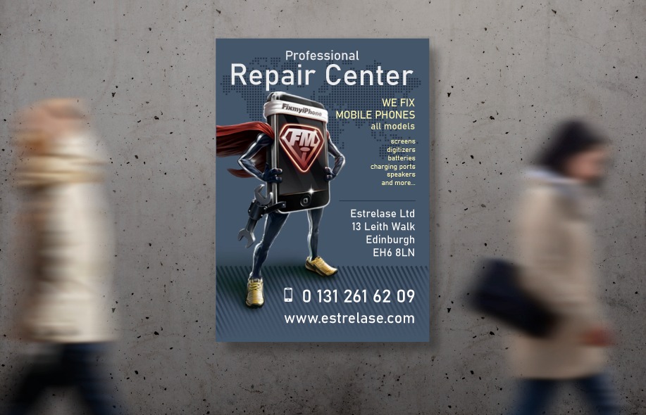 Plakat reklamowy centrum napraw telefonów z animowaną postacią smartfona-bohatera na tle szarej ściany i rozmazanych sylwetek przechodniów.