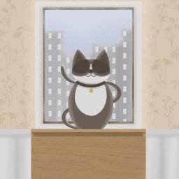 Krystian Hermaszewski - Kreskówkowy kot w okularach przeciwsłonecznych, stojący na parapecie z widokiem na miasto, z zawieszką z napisem 'Jazz' na obroży.