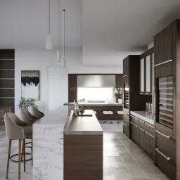 Wnętrze nowoczesnej kuchni z wyspą wykończoną marmurem i drewnem, oświetloną wiszącymi lampami. W tle widoczne okno, zabudowa kuchenna z drewnianymi frontami i wbudowaną chłodziarką do wina.