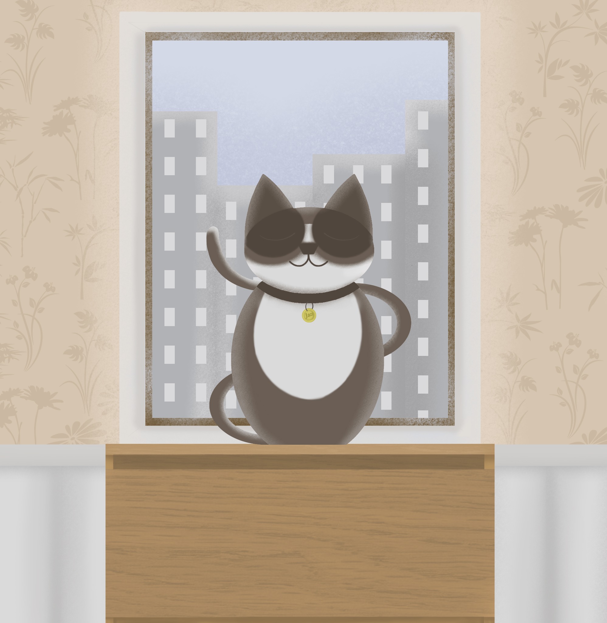 Kreskówkowy kot w okularach przeciwsłonecznych, stojący na parapecie z widokiem na miasto, z zawieszką z napisem 'Jazz' na obroży.