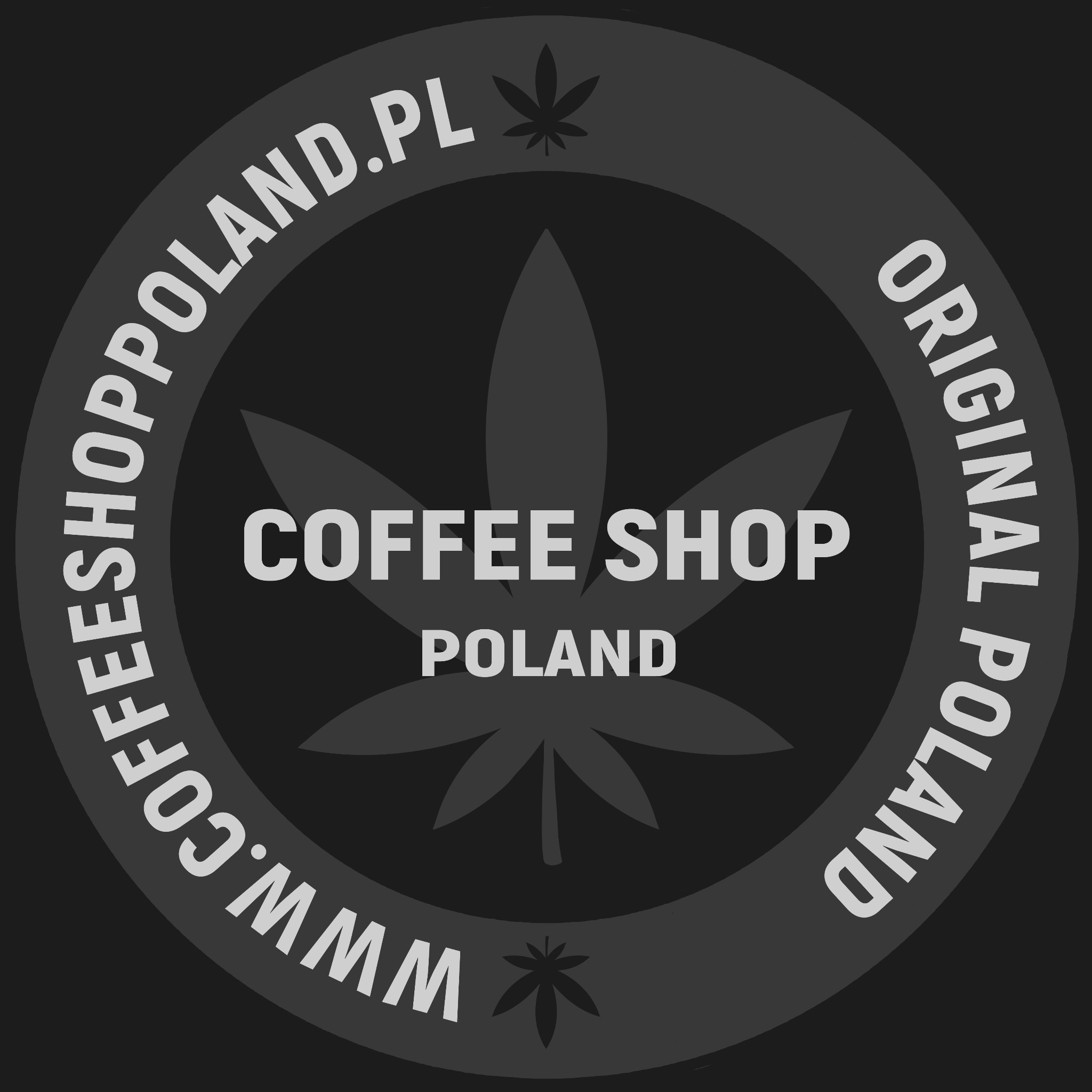 Okrągłe logo Coffee Shop Poland z liściem konopi w centrum, otoczone tekstem www.coffeeshoppoland.pl i Original Poland na ciemnoszarym tle.