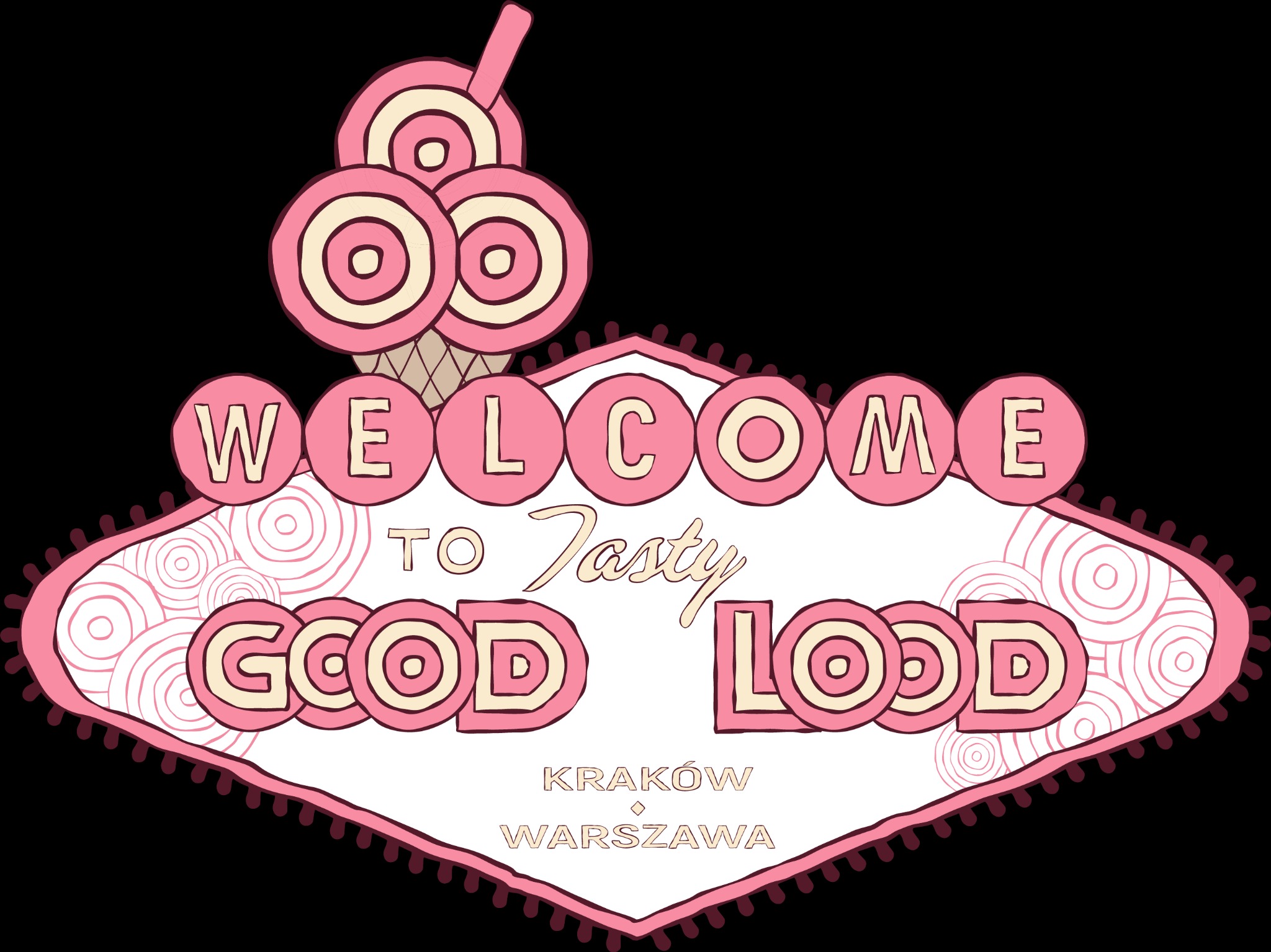 Retro neon szyld z napisem 'Welcome to Tasty Good Lood' i rysunkiem lodów, wersja dla Krakowa i Warszawy.