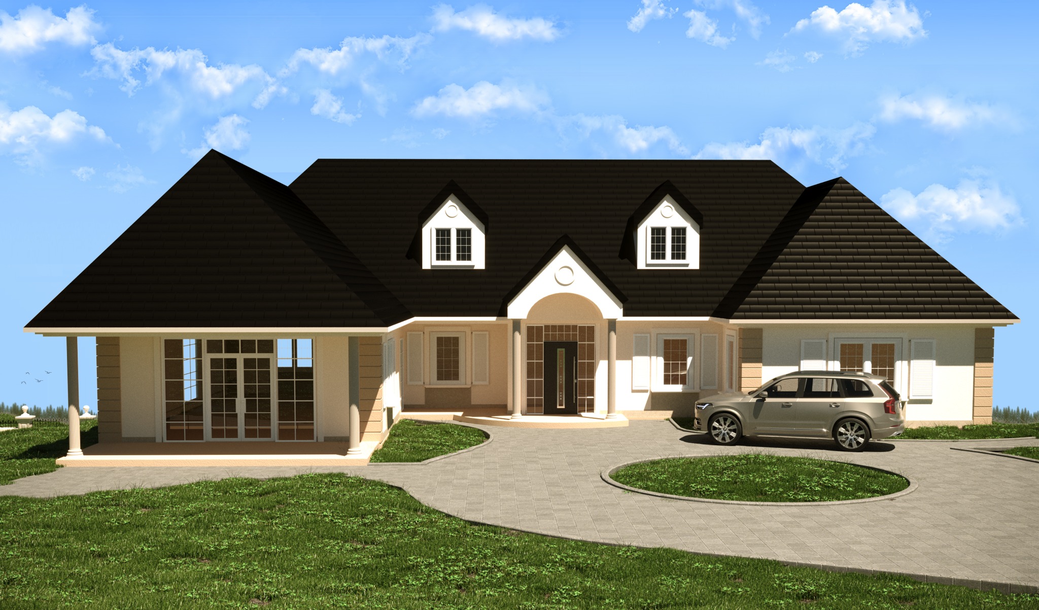 Wizualizacja 3D parterowego domu jednorodzinnego z ciemnym dachem, jasną elewacją i podjazdem z kostki, na którym stoi srebrny samochód osobowy.
