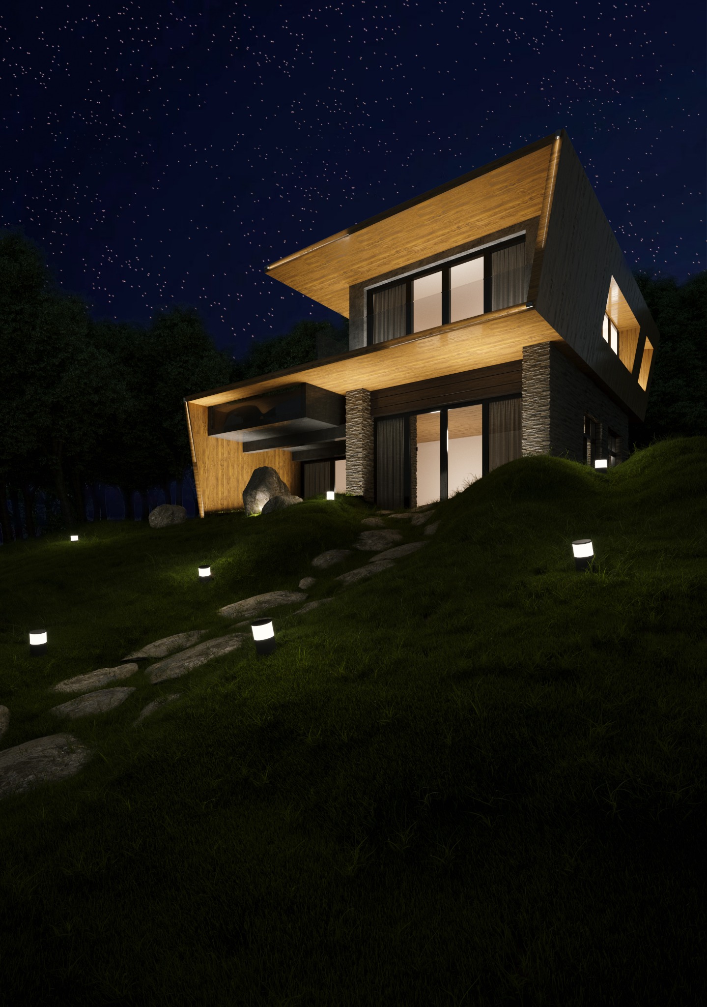 Nowoczesny dom z drewnianą elewacją i kamiennymi elementami, oświetlony zewnętrznymi lampami na tle nocnego nieba pełnego gwiazd.