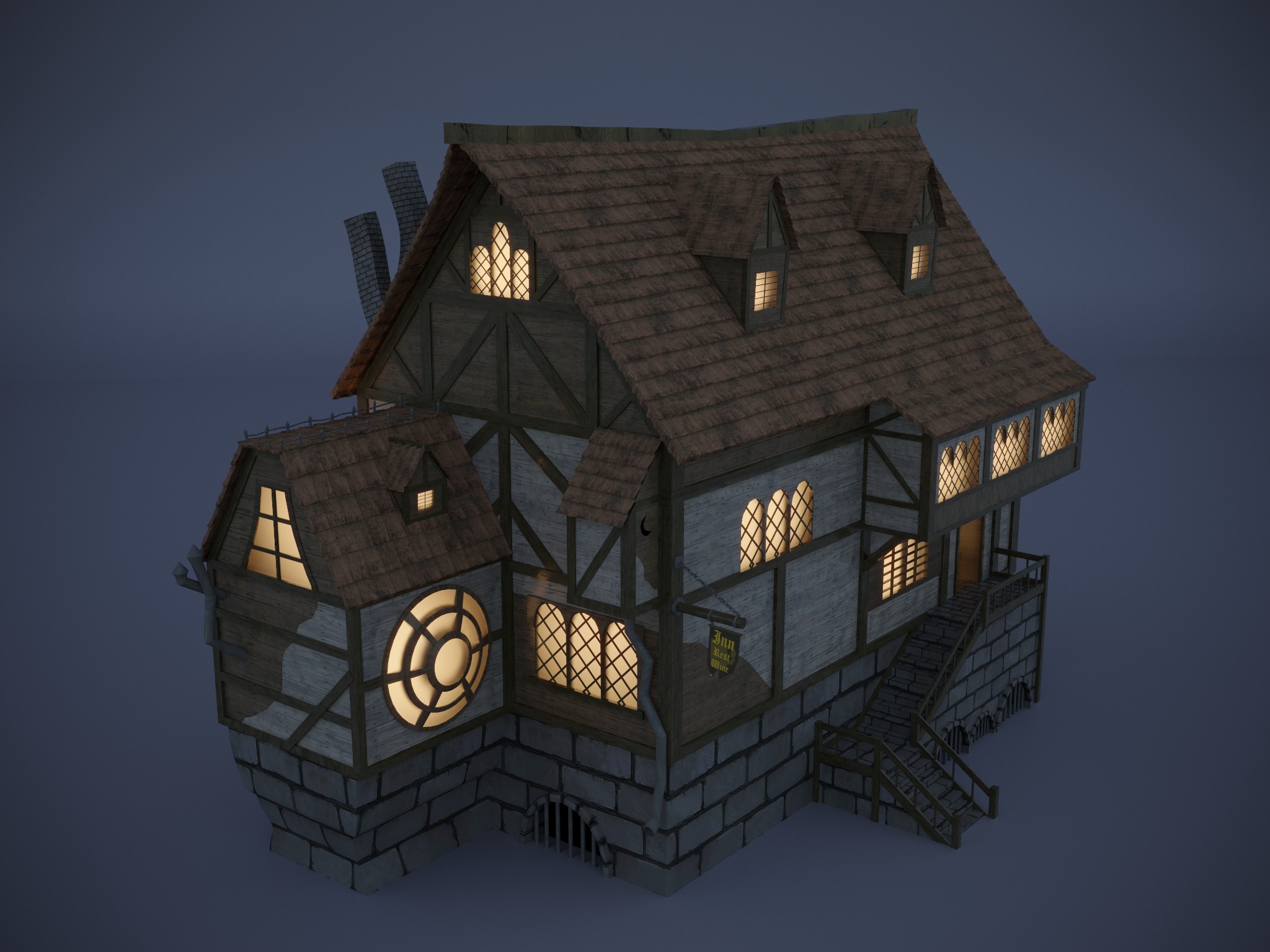 3D model karczmy z oświetlonymi oknami i szyldem 'Inn Rest Time' w scenerii nocnej.