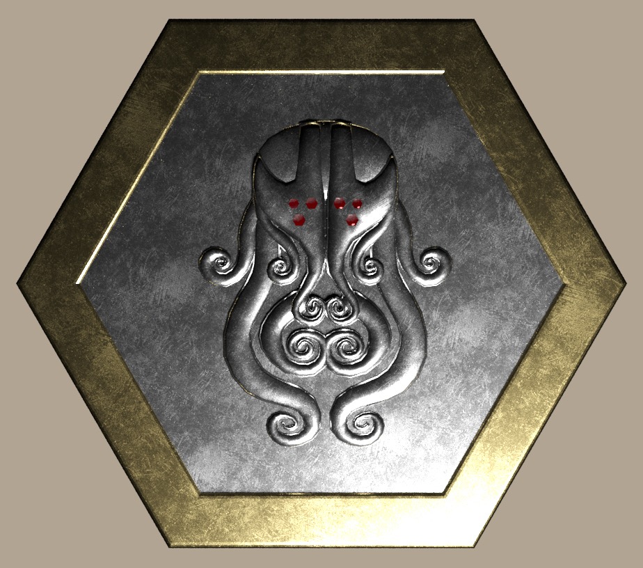 Metalowy sześciokąt z wytłoczonym symbolem ośmiornicy z czerwonymi punktami, otoczony złotą ramką.