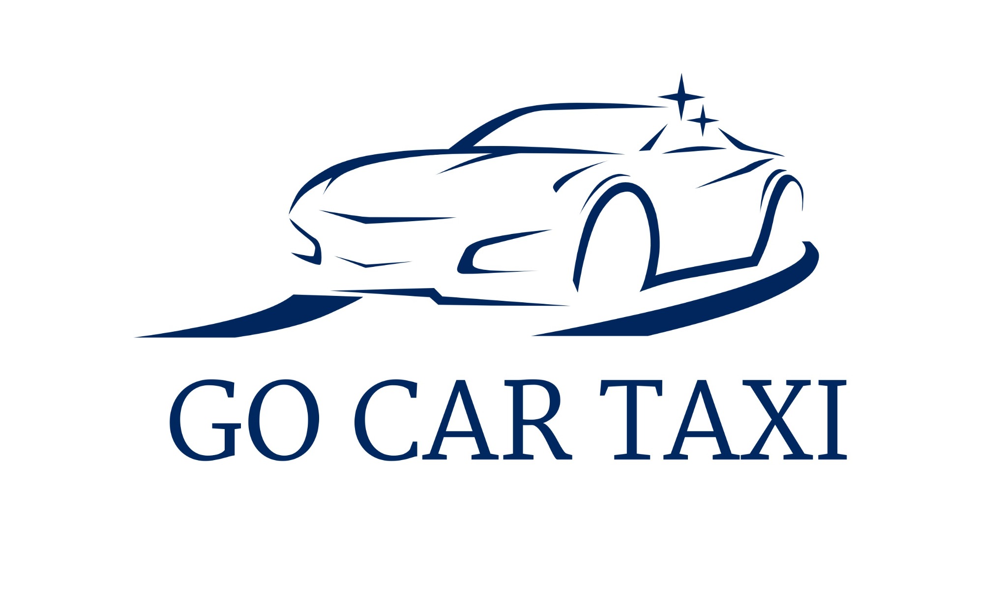 Logo firmy taksówkarskiej: stylizowany rysunek samochodu z gwiazdkami i napisem GO CAR TAXI w kolorze granatowym.
