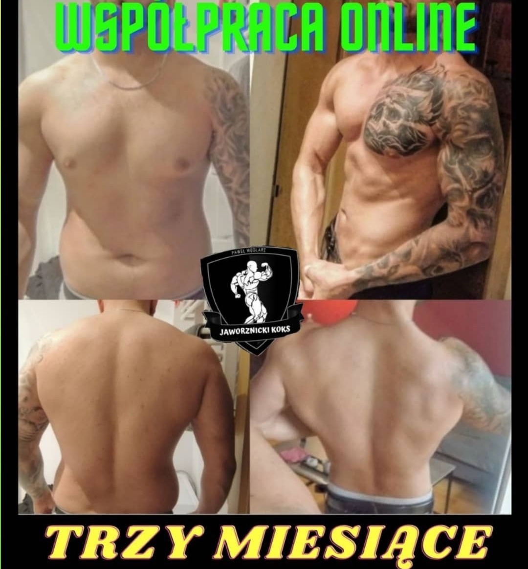 Kolaż przedstawiający transformację sylwetki mężczyzny z tatuażami na ramionach, widoczne zmiany w budowie ciała po trzech miesiącach współpracy online, z logo trenera w centralnej części.