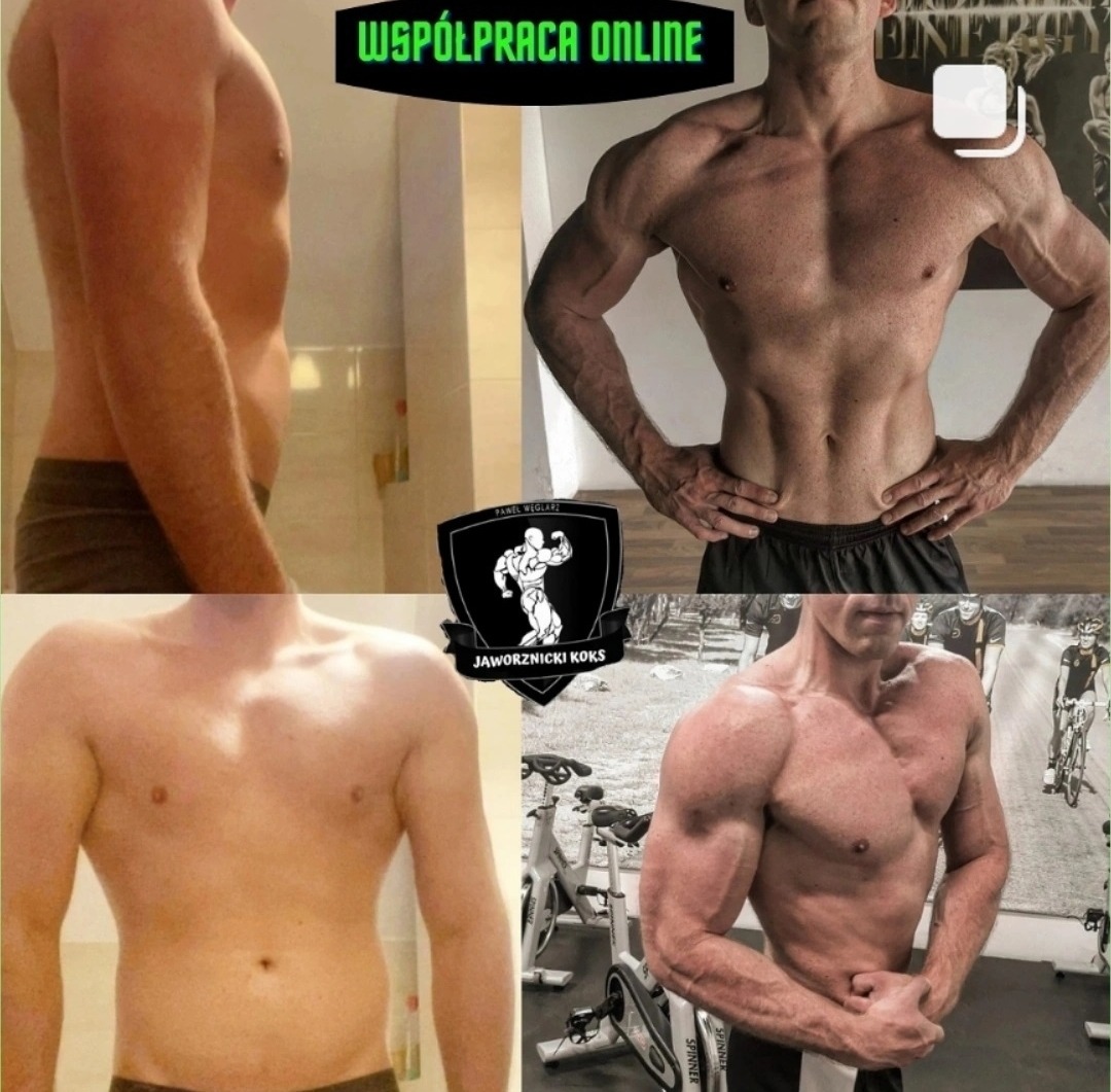 Kompozycja czterech ujęć sylwetki mężczyzny przed i po treningach, z logiem 'Jaworznicki Koks' w centrum, oraz napisem 'Współpraca Online' u góry.
