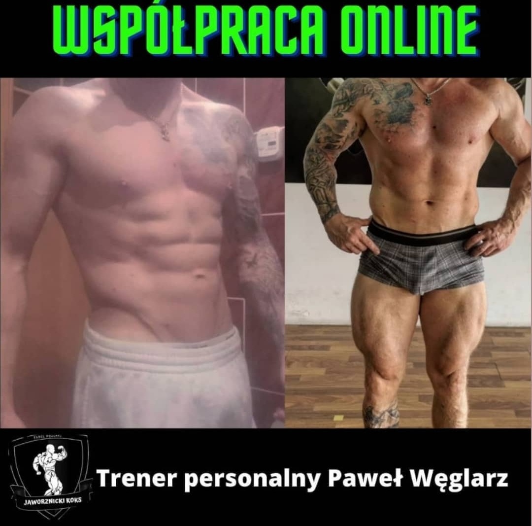 Porównanie sylwetki przed i po treningu online z trenerem personalnym, widoczne zmiany w muskulaturze brzucha i nóg, tatuaże na ramionach.