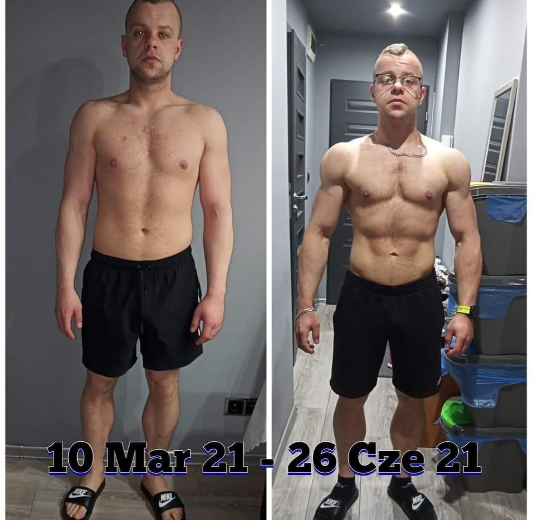 Mężczyzna przed i po transformacji sylwetki, widoczna poprawa muskulatury i redukcja tkanki tłuszczowej, daty 10 Mar 21 - 26 Cze 21