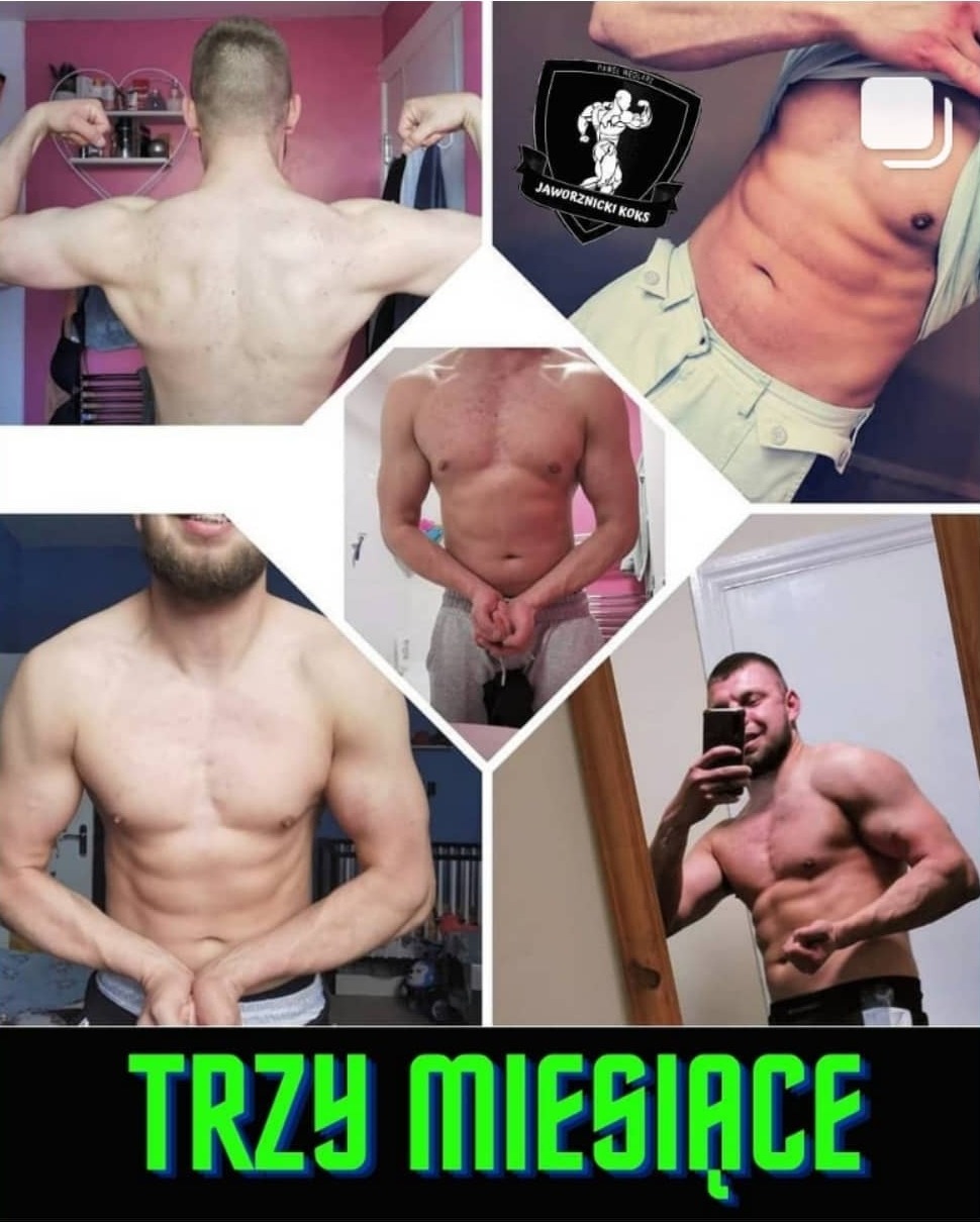 Kompozycja zdjęć prezentująca efekty treningu siłowego po trzech miesiącach: widoczne zmiany w muskulaturze pleców, brzucha i klatki piersiowej, z różnymi ujęciami i oświetleniem.