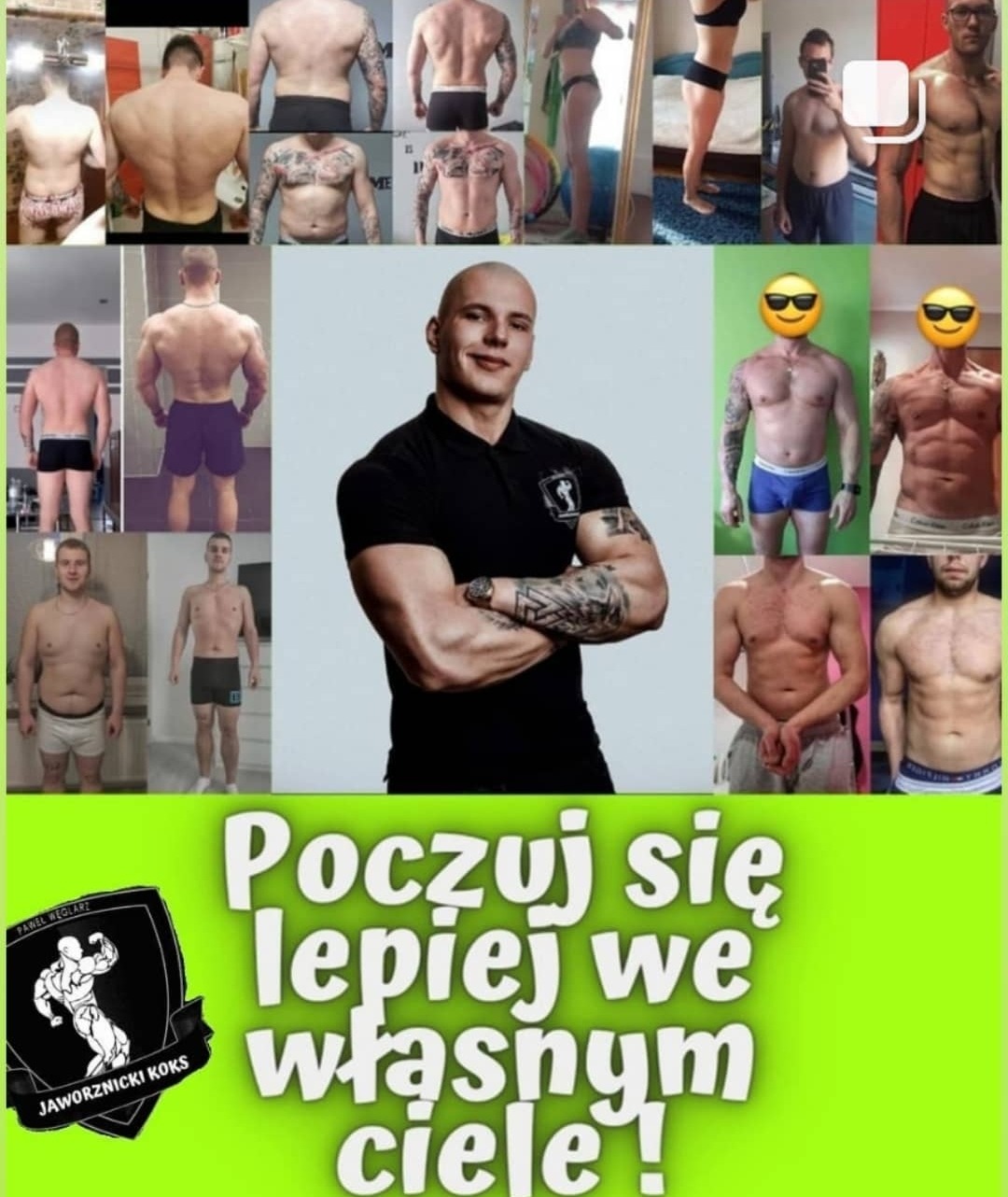 Kolaż zdjęć prezentujący metamorfozy sylwetek przed i po treningach, z wizerunkiem trenera w centrum i hasłem 'Poczuj się lepiej we własnym ciele!' na dole, logo firmy w lewym dolnym rogu.