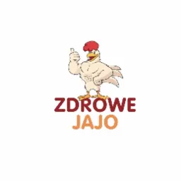 Ilustracja przedstawiająca muskularnego koguta z uniesionym kciukiem, nad napisem 'ZDROWO JAJO' w kolorach czerwonym i pomarańczowym.
