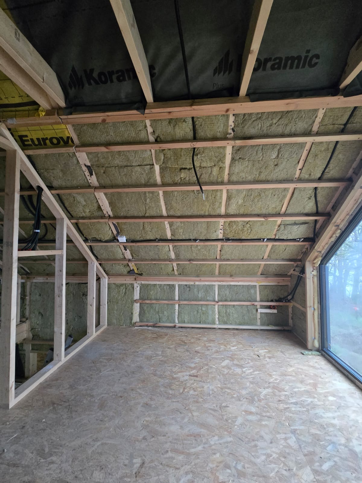 Wnętrze domu szkieletowego w trakcie budowy w Rumi: widoczne drewniane ramy, izolacja z wełny mineralnej i instalacje elektryczne.