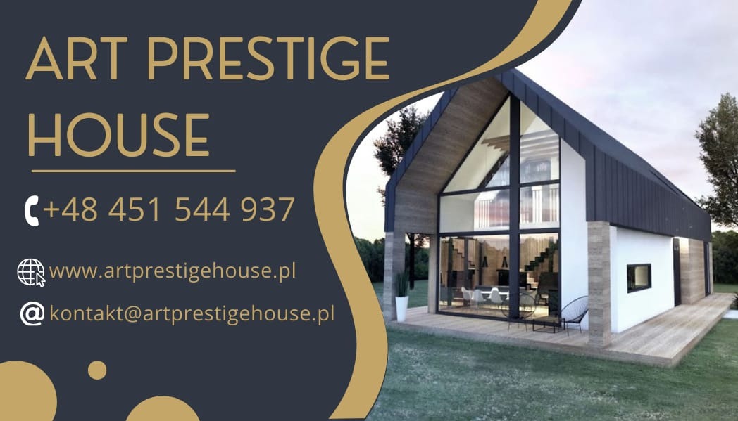 Wizualizacja nowoczesnego domu z dużymi przeszkleniami, otoczonego zielenią. Na pierwszym planie dane kontaktowe firmy Art Prestige House.