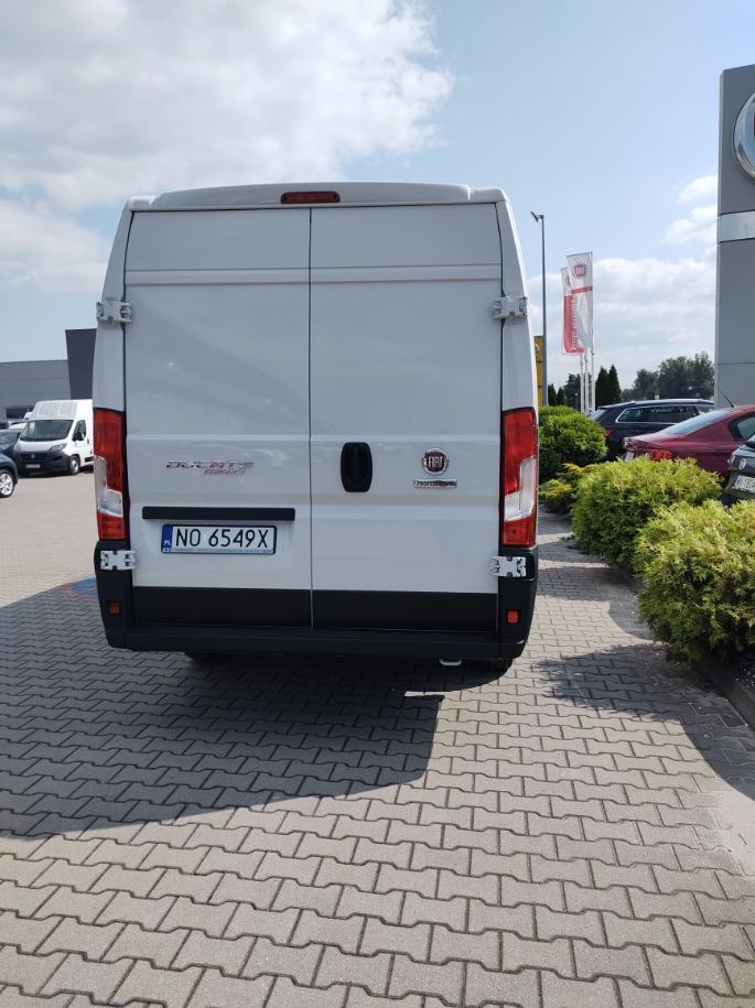 Tył białego samochodu dostawczego marki Fiat Ducato z widoczną tablicą rejestracyjną NO 6549X na tle salonu samochodowego i kostki brukowej.