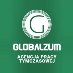 Logo firmy Globalzum, Agencja Pracy Tymczasowej, z symbolem litery G w okręgu na zielonym tle.