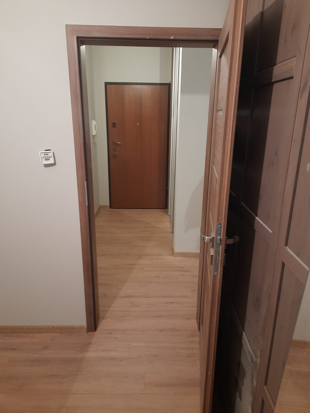 Widok na korytarz z panelami podłogowymi w odcieniach brązu, z otwartymi drewnianymi drzwiami po prawej stronie i drzwiami wejściowymi w tle.