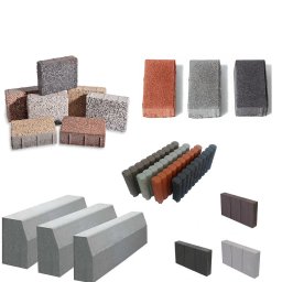 Tani Skład Budowlany - Kompozycja różnych rodzajów i kolorów elementów betonowych do nawierzchni, w tym kostka brukowa, obrzeża i palisady, na białym tle.