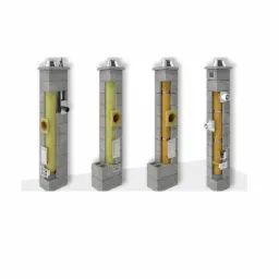 Przekroje kominów systemowych z różnymi wariantami izolacji i wykończenia, ukazujące konstrukcję wewnętrzną i elementy składowe.