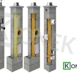Tani Skład Budowlany - Przekrój czterech wariantów systemów kominowych z bloków betonowych, pokazujący konstrukcję z izolacją i rurami wewnętrznymi, oraz logo producenta Konekt.