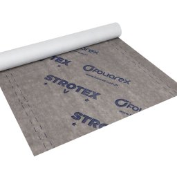 Tani Skład Budowlany - Rolka szarej membrany dachowej Strotex z nadrukowanym logo Foliarex i oznaczeniami pomiarowymi na krawędzi, rozłożona na białym tle.