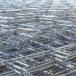 Siatka z prętów zbrojeniowych ułożona warstwami, widoczne regularne oczka i faktura metalu.