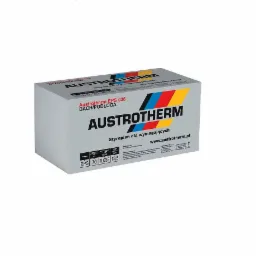 Paczka szarego styropianu Austrotherm EPS 038 Dach/Podłoga z kolorowym logo producenta, przeznaczona do ocieplenia dachu i podłogi.