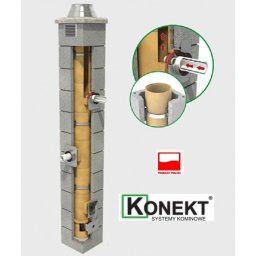 Tani Skład Budowlany - Przekrój komina systemowego z elementami wentylacji i odprowadzania spalin, widoczny logo producenta KONEKT Systemy Kominowe.