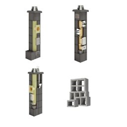 Tani Skład Budowlany - Wizualizacja przekroju komina systemowego z pustaków wentylacyjnych i elementów ceramicznych, ukazująca budowę wewnętrzną i warstwy izolacyjne.