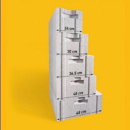 Tani Skład Budowlany - Szary bloczek betonowy z zaznaczonymi wymiarami 24 cm, 30 cm, 36,5 cm, 40 cm i 48 cm na żółtym tle.