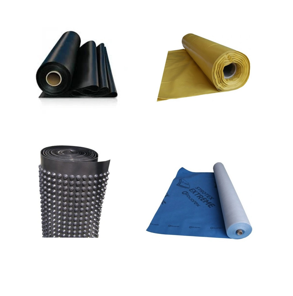 Zestawienie czterech różnych rodzajów folii budowlanych w rolkach: czarna izolacyjna, żółta paroizolacyjna, czarna kubełkowa oraz niebieska wiatroizolacyjna z nadrukiem, na białym tle.