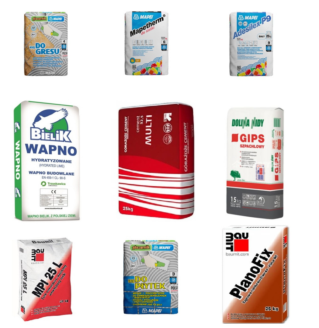 Zestaw worków z różnymi materiałami budowlanymi, w tym kleje do płytek, wapno, gips szpachlowy i cement, różnych producentów, prezentowanych na białym tle.