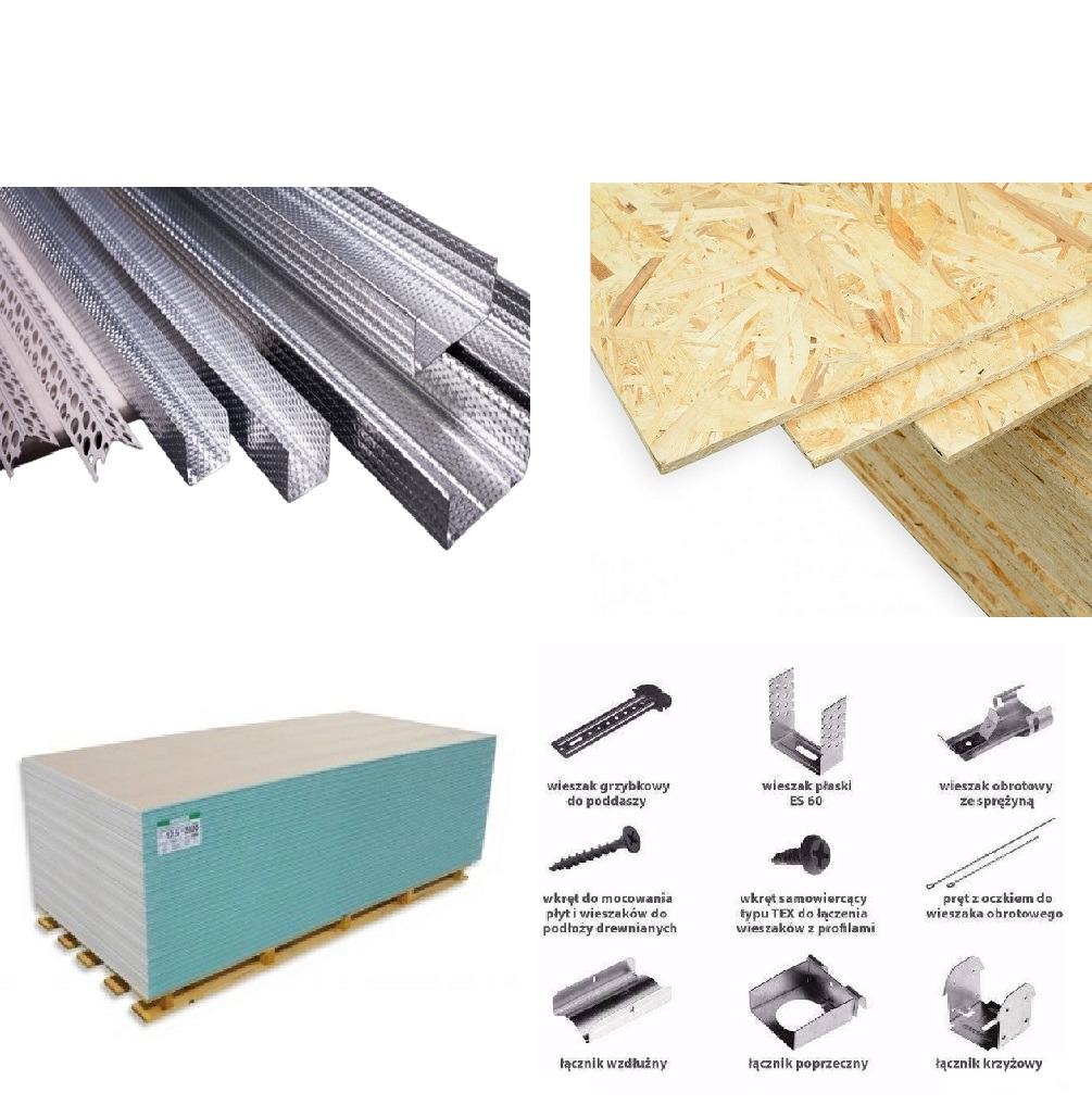 Zestaw materiałów budowlanych: profile metalowe, płyty OSB, płyty gipsowo-kartonowe na palecie oraz różnorodne akcesoria montażowe, w tym wieszaki i łączniki.