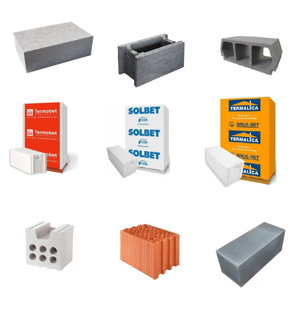 Zestawienie różnych rodzajów bloczków betonowych i gazobetonowych, w tym bloczki szare, białe, czerwone, z otworami i bez, oraz opakowania producentów Termobet i Solbet, na białym tle.