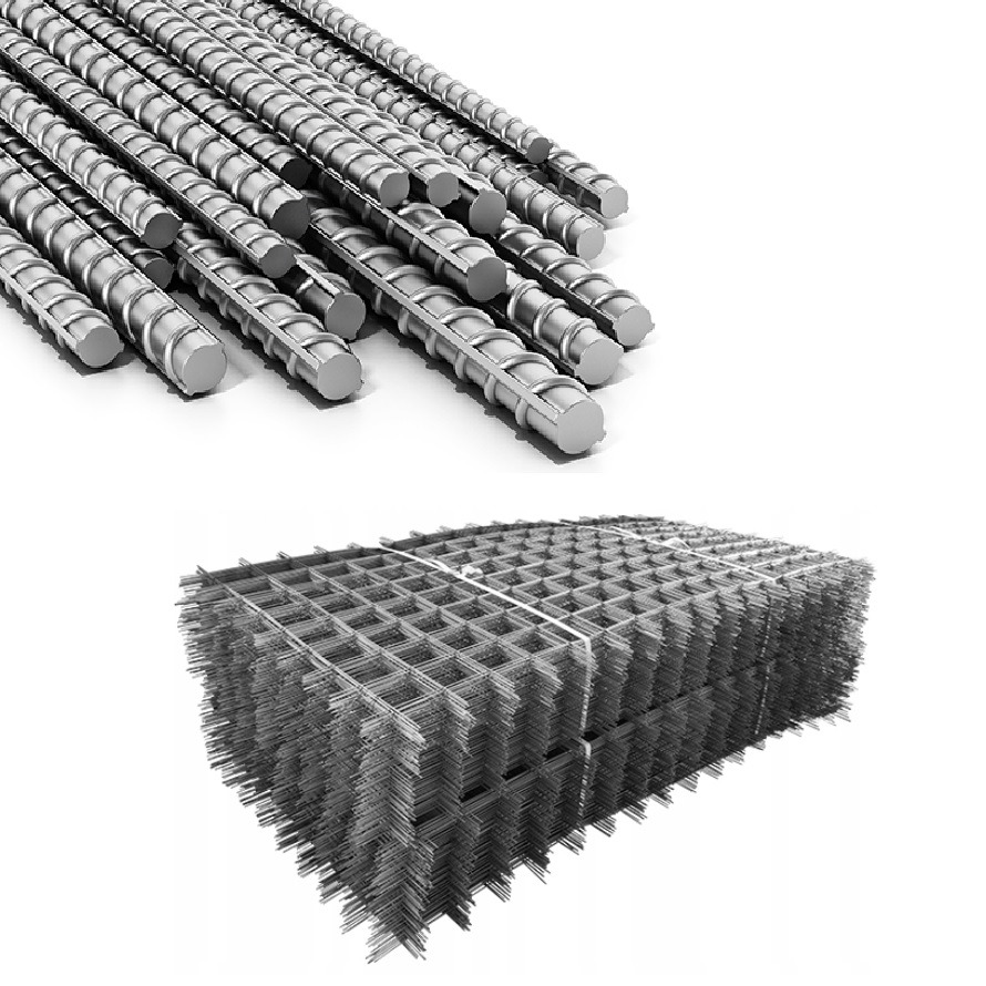 Srebrzyste pręty żebrowane ułożone ukośnie obok stosu siatek z drutu zbrojeniowego, całość na białym tle.