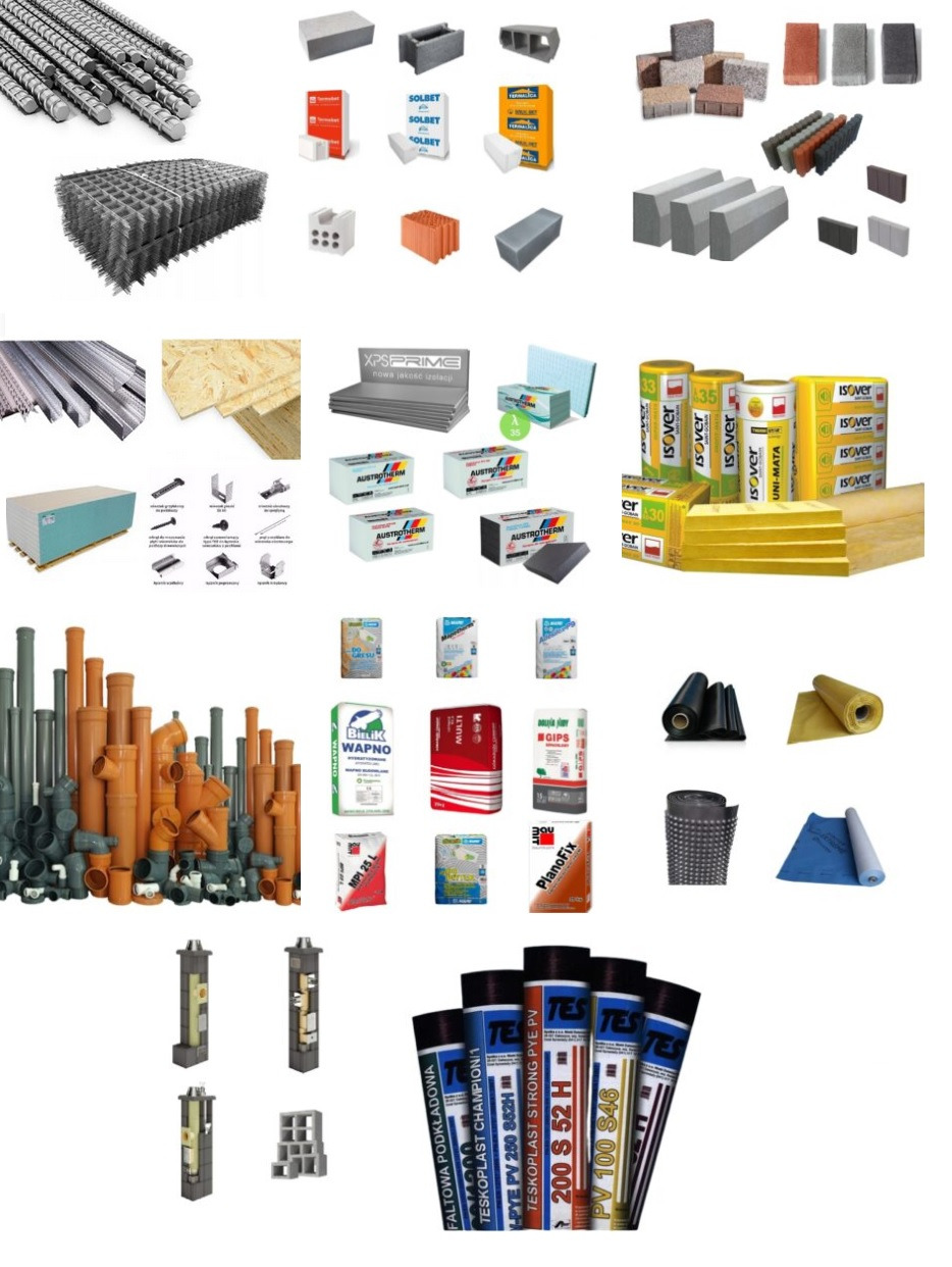 Zestawienie różnorodnych materiałów budowlanych i wykończeniowych dostępnych w Bielanach: stal zbrojeniowa, bloczki betonowe, kostka brukowa, materiały izolacyjne, płyty OSB, rury PCV, zaprawy...