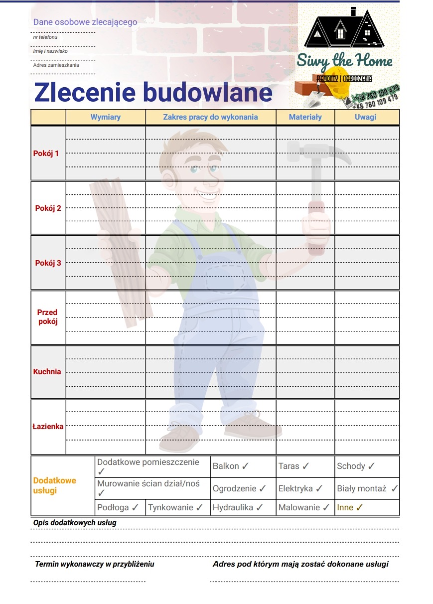 Formularz zlecenia budowlanego z zaznaczonymi opcjami: balkon, taras, schody, murowanie ścian, ogrodzenie, elektryka, biały montaż, podłoga, tynkowanie, hydraulika, malowanie i inne.
