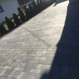 Nowo ułożona, szara kostka brukowa prowadząca do domu z rzędem małych, zielonych drzewek wzdłuż krawędzi, oświetlona popołudniowym słońcem.